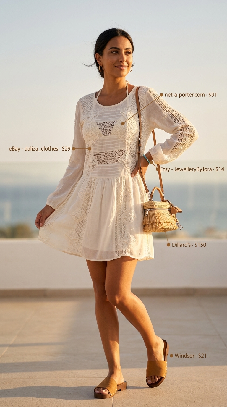 Relaxed Crochet Beach Outfits 2026 Relaxed cream crochet tunic dress for summer crochet beach outfits for women 2026. Perfect as a beach cover-up.