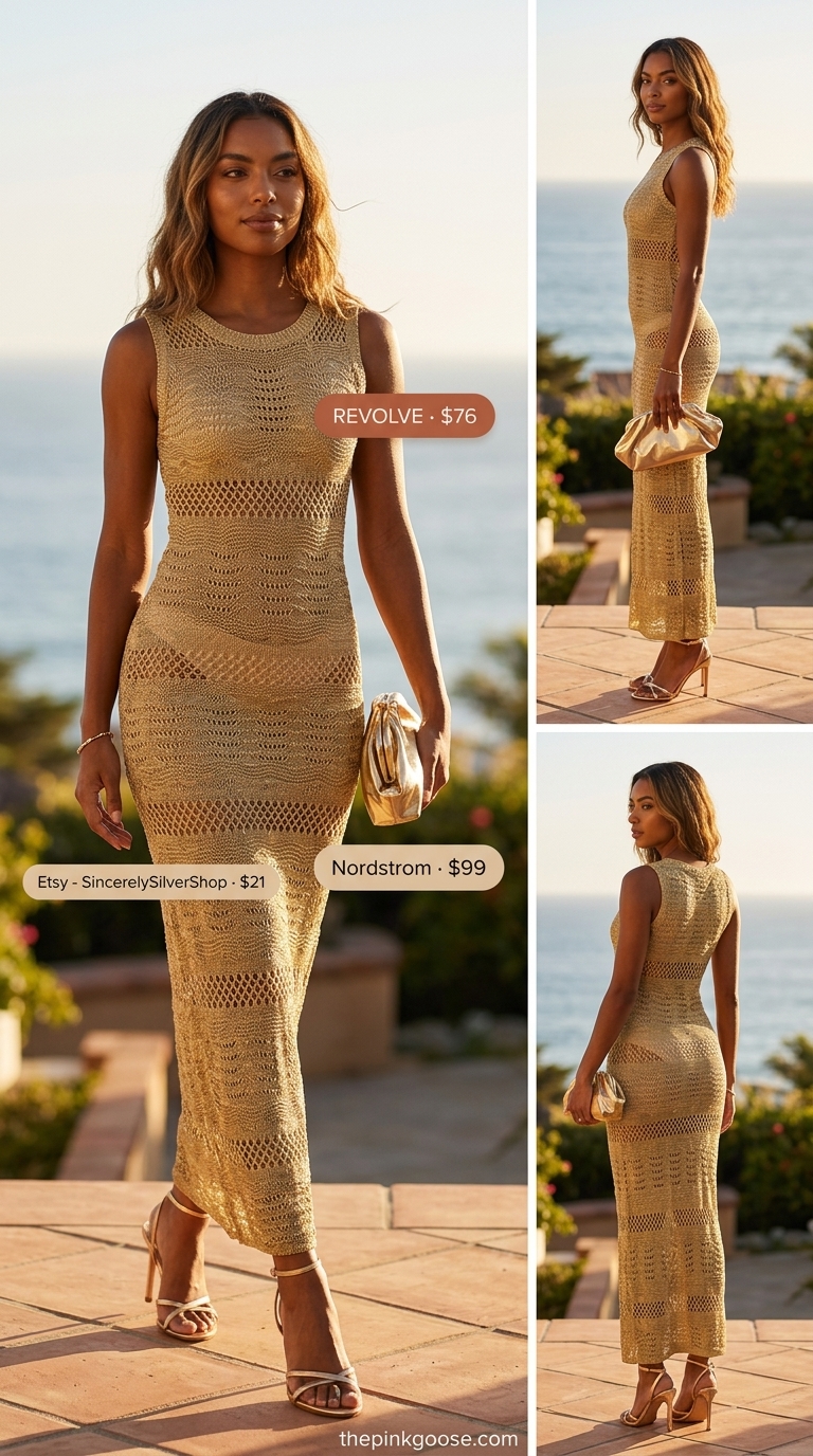 Glamorous Crochet Beach Outfits 2026 Glamorous gold metallic crochet dress for summer crochet beach outfits for women 2026. Perfect for resort galas.