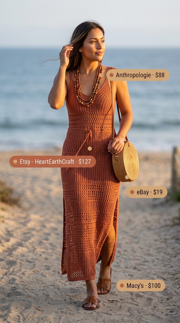 Earthy Crochet Beach Outfits 2026 Earthy terracotta crochet maxi dress for summer crochet beach outfits for women 2026. Great for beach bonfires.