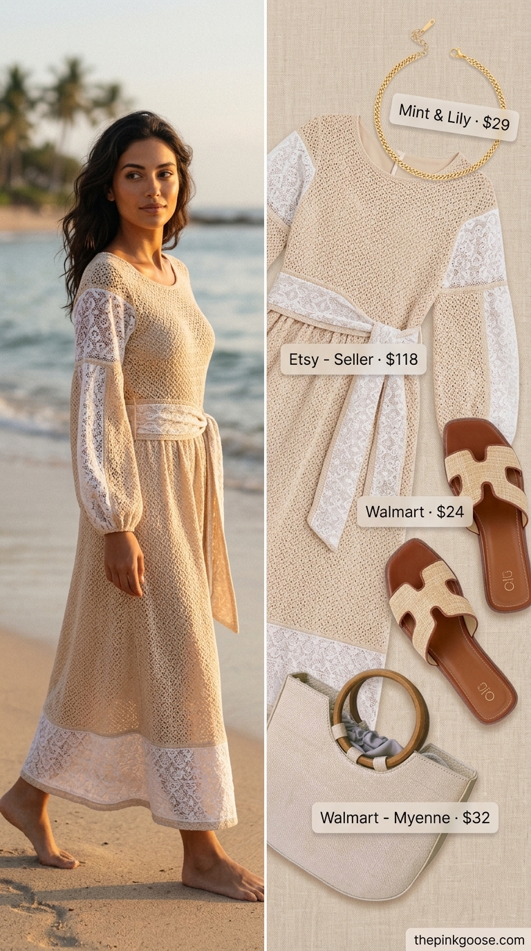 Desert Oasis Summer Crochet Outfits 2026 Beige caftan-style maxi crochet dress for earthy summer crochet beach outfits for women 2026.