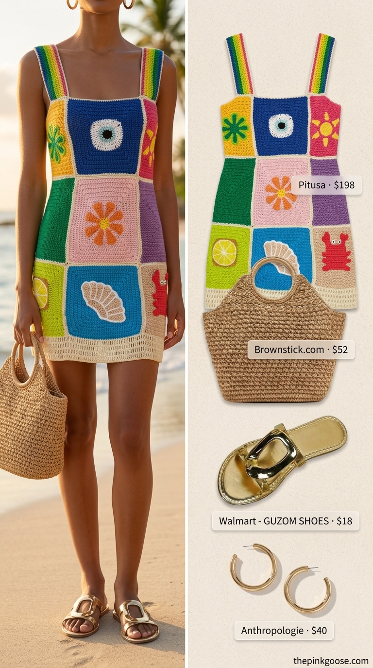 Vibrant Beach Party Summer Crochet Outfits 2026 Hot pink and orange color-block crochet mini dress for vibrant summer crochet beach outfits for women 2026.