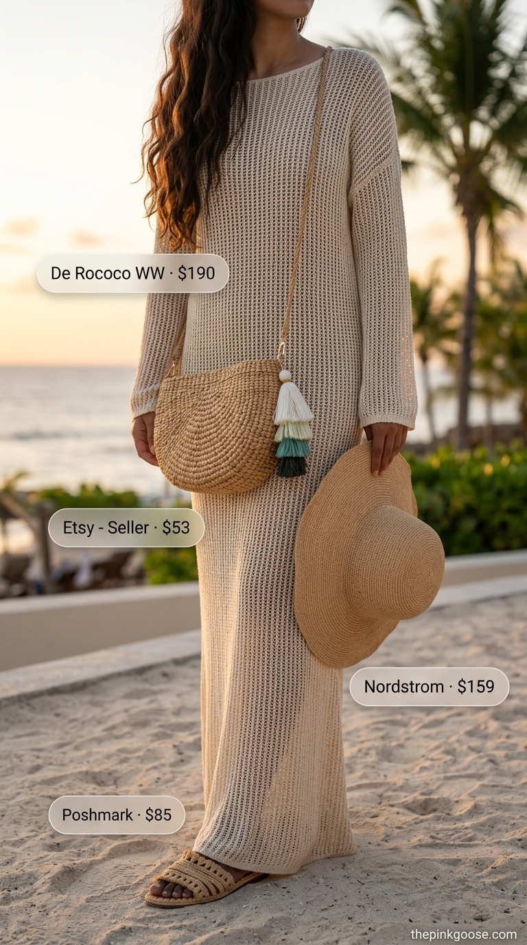 Bohemian Summer Crochet Outfits 2026: Sunset Ritual Cream open-knit crochet maxi dress for summer crochet beach outfits for women 2026. Bohemian glamour for beach dinners & sunset gatherings.