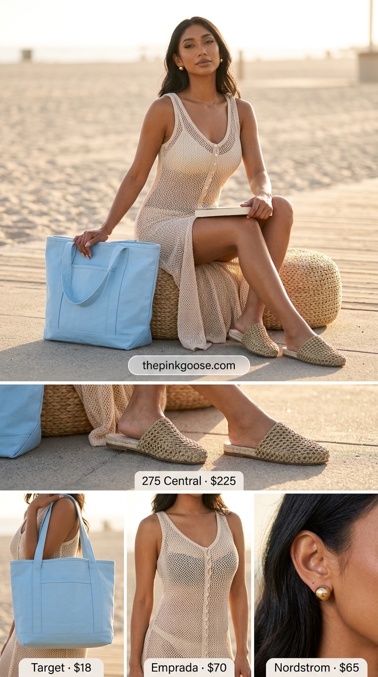 Refined Coastal Summer Crochet Outfits 2026 Cream crochet midi dress, espadrilles, and tote bag for refined summer crochet beach outfits for women 2026.