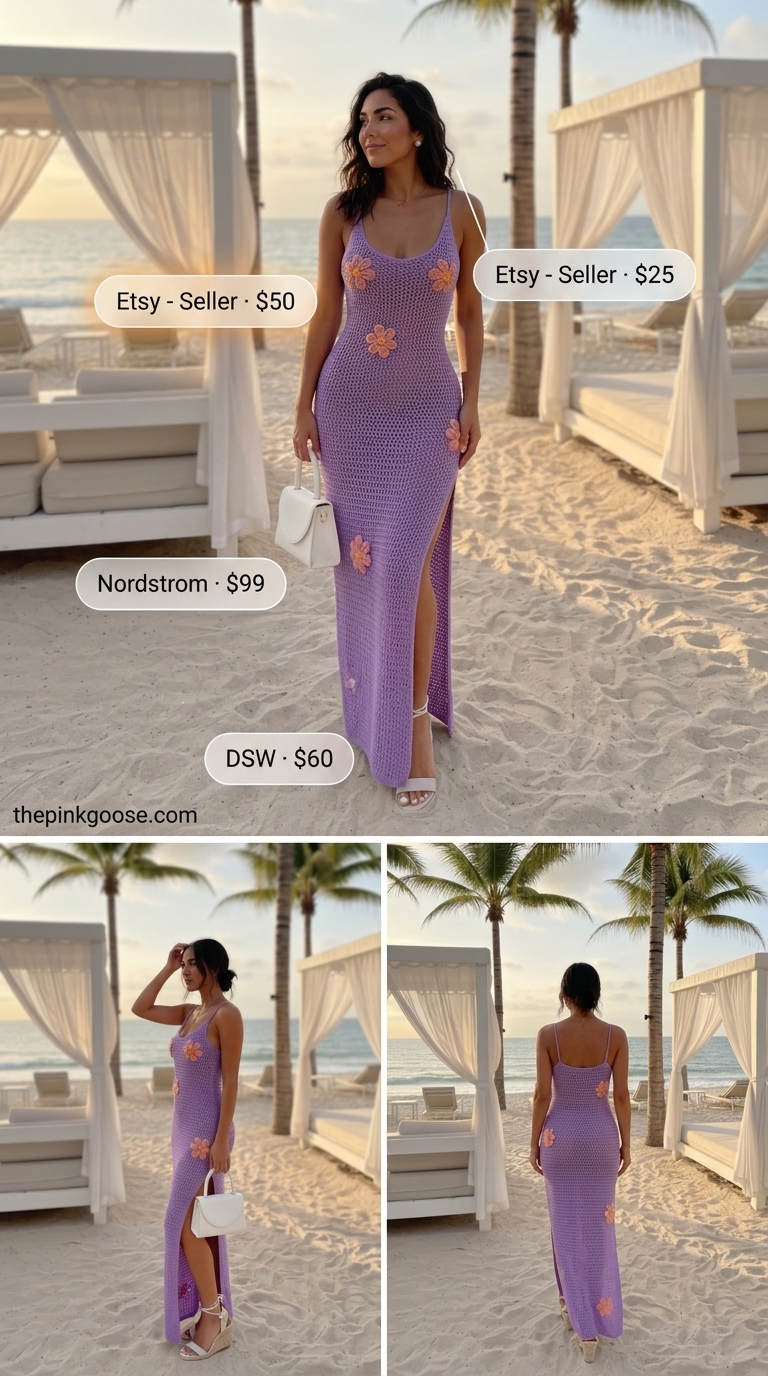 Romantic Garden Summer Crochet Outfits 2026 Lavender floral crochet maxi dress for romantic summer crochet beach outfits for women 2026.