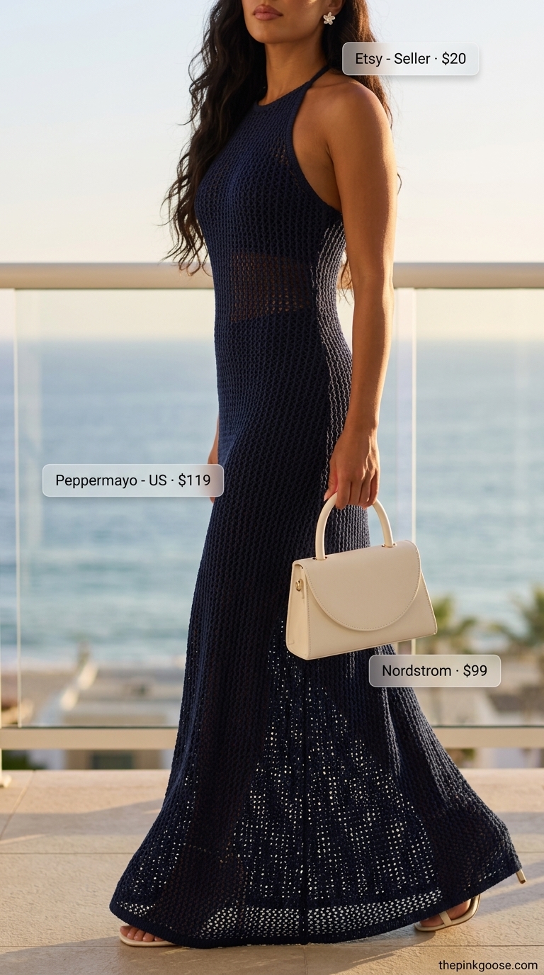 Nautical Summer Crochet Outfits 2026: Elegant Beach Dinner Navy blue crochet maxi dress for summer crochet beach outfits for women 2026. Sophisticated nautical style for elegant beach dinners.
