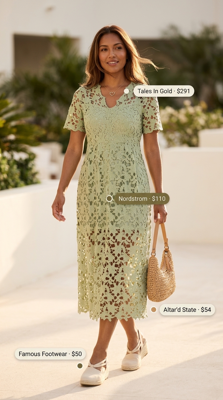 Summer Crochet Beach Outfits 2026: Garden Party Chic Sage green crochet midi dress for summer beach outfits for women 2026. Perfect for resort garden parties & beachside dinners.