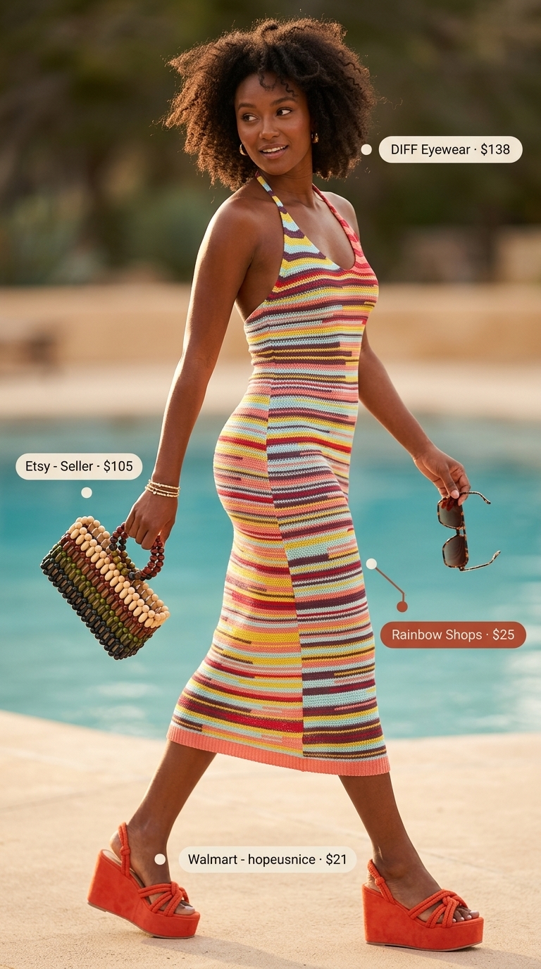 Vibrant Summer Crochet Outfits 2026: Pool Party Fun Multi-colored striped crochet maxi dress for summer crochet beach outfits for women 2026. Vibrant and playful for pool parties & resort lunches.