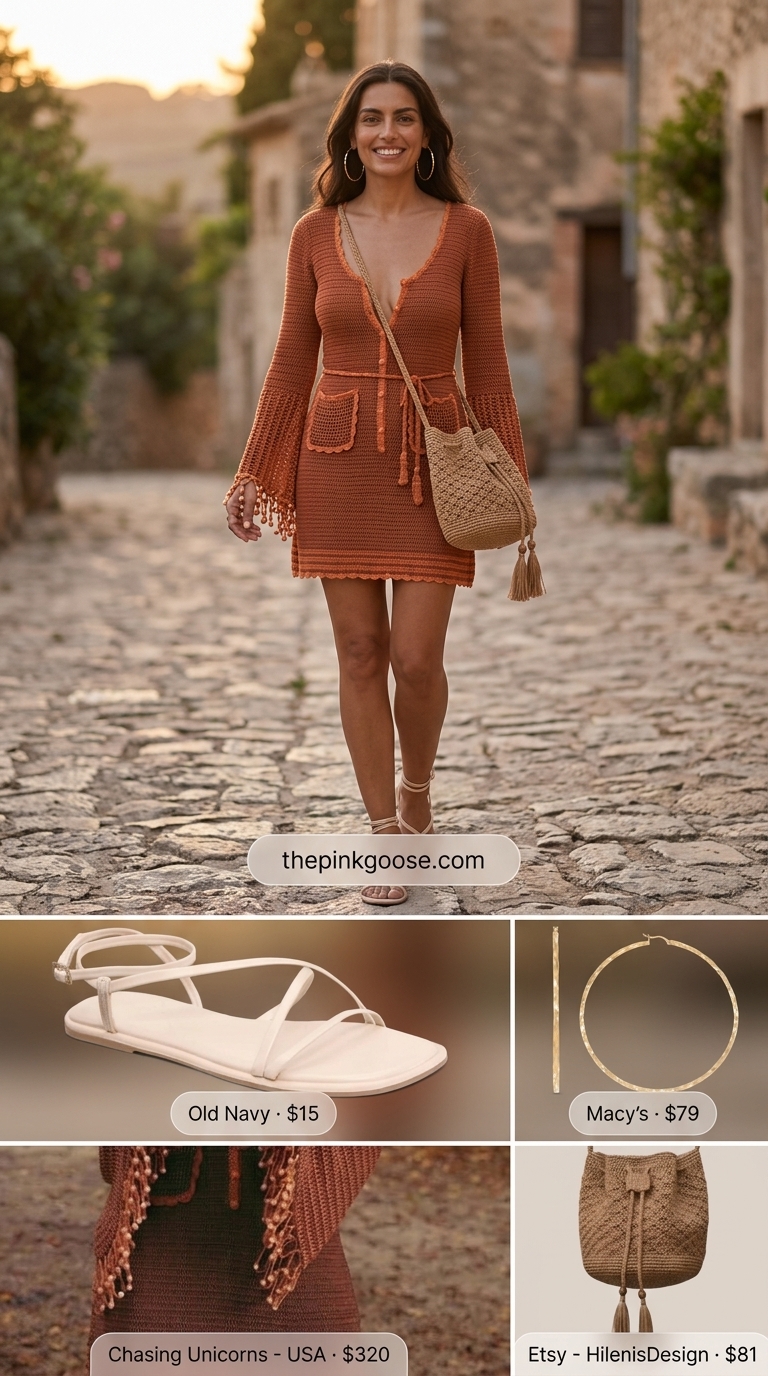 Tropical Sunset Summer Crochet Outfits 2026 Terracotta orange crochet mini dress with bell sleeves for artistic summer crochet beach outfits for women 2026.