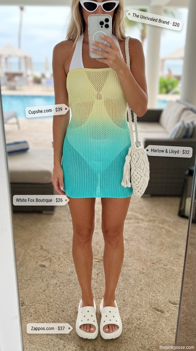 Tropical Island Summer Crochet Outfits 2026 Turquoise blue crochet shift dress with silver jewelry for tropical summer crochet beach outfits for women 2026.