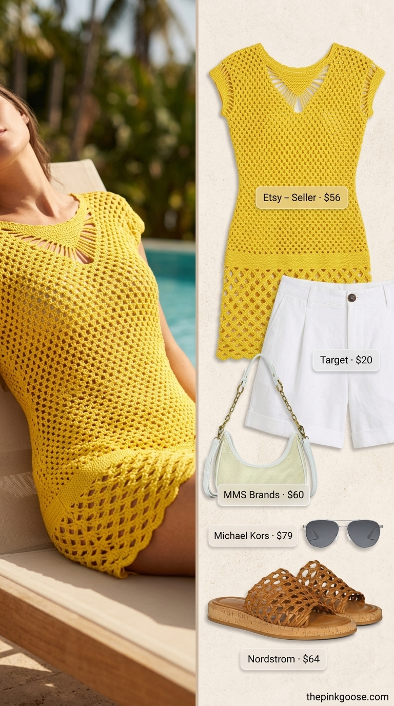Sun-Kissed Sundowner Summer Crochet Outfits 2026 Sunny yellow crochet tunic dress for relaxed summer crochet beach outfits for women 2026.