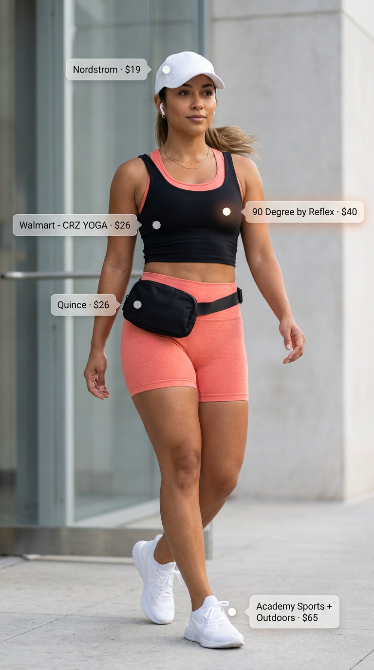 Sporty summer crop top matching set outfits for women 2026: Bright coral biker shorts and sports bra, black crop top.