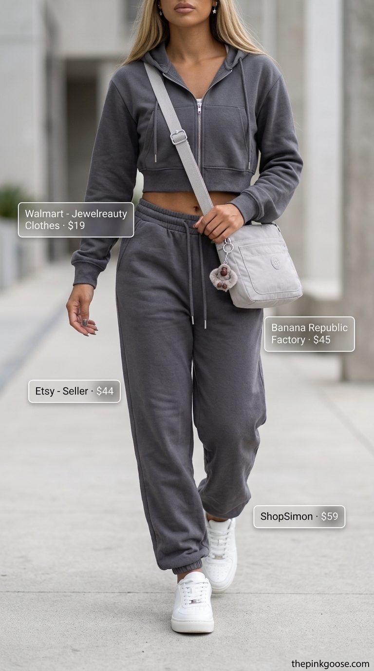 Athleisure summer crop top matching set outfits for women 2026: Charcoal grey hoodie, joggers, white sneakers.