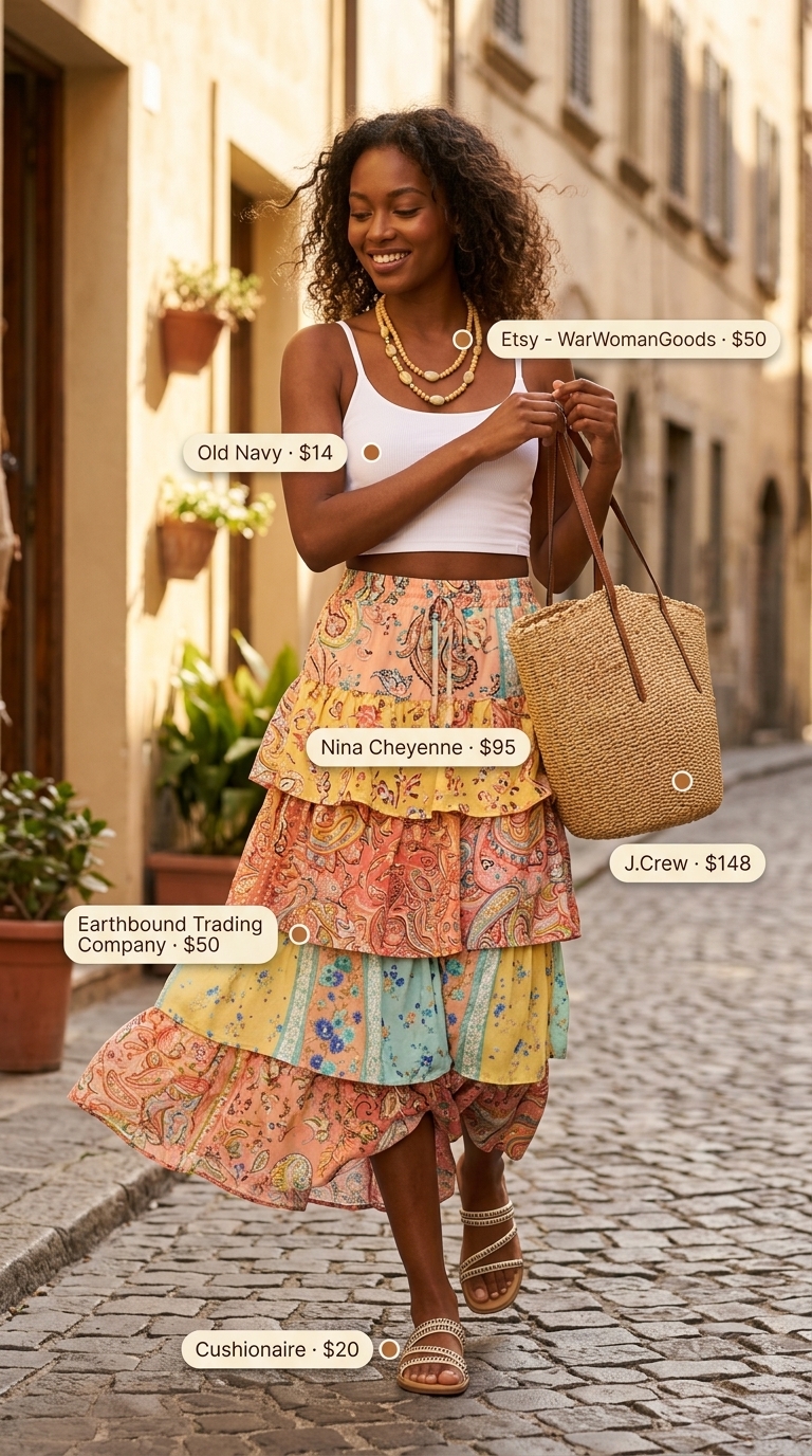 Boho summer crop top matching set outfits for women 2026: White crop top, paisley maxi skirt, straw tote.