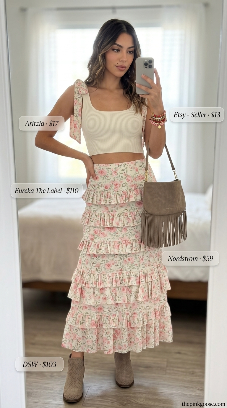 Muted floral print peasant blouse and tiered maxi skirt matching set with a cream crop top for boho chic 2026.