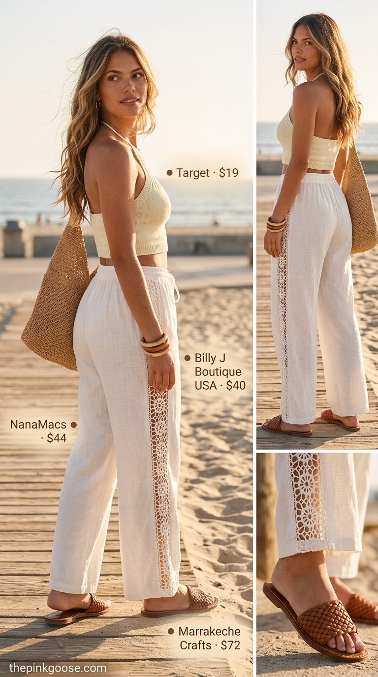 Ecru cotton crochet halter crop top with linen pants for vacation and beachside style 2026.