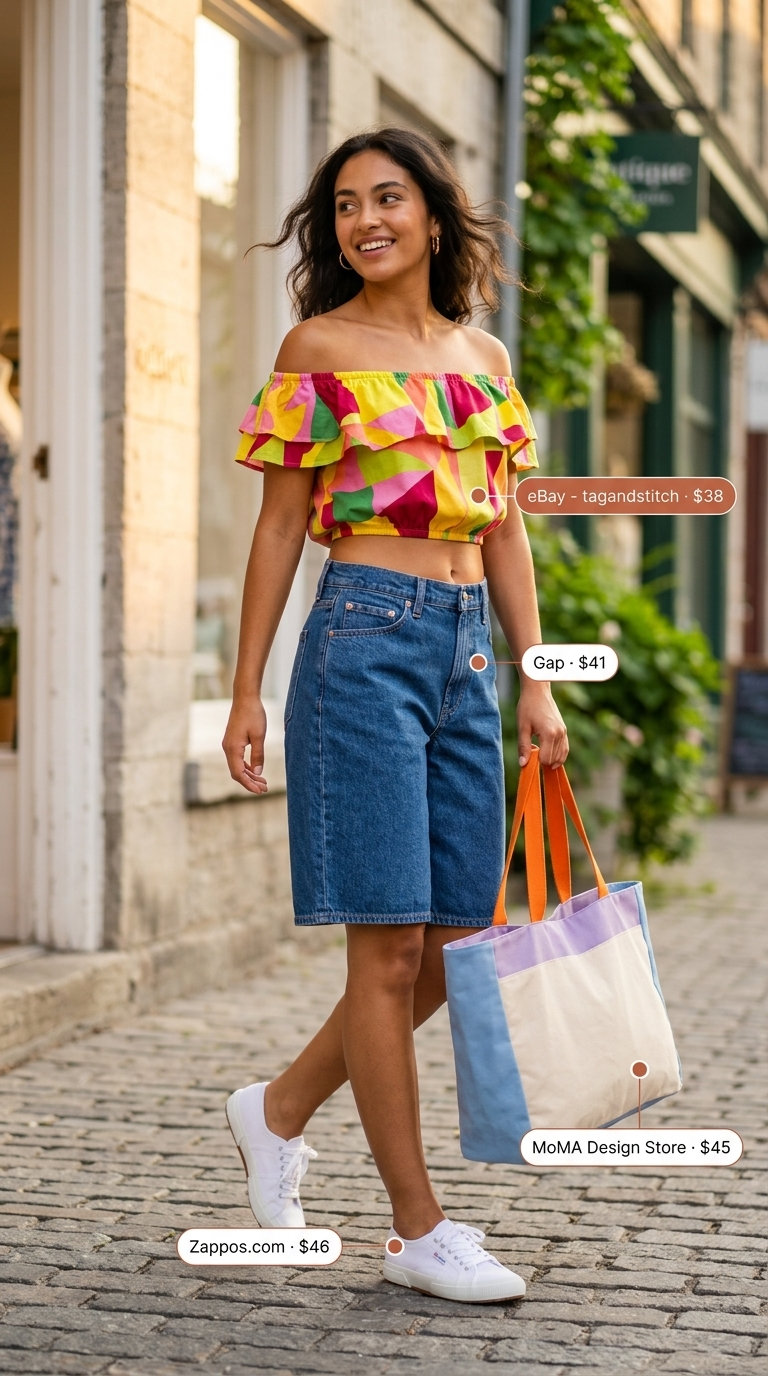 Casual summer crop top matching set outfits for women 2026: Denim shorts, multi-color print crop top, tote bag.