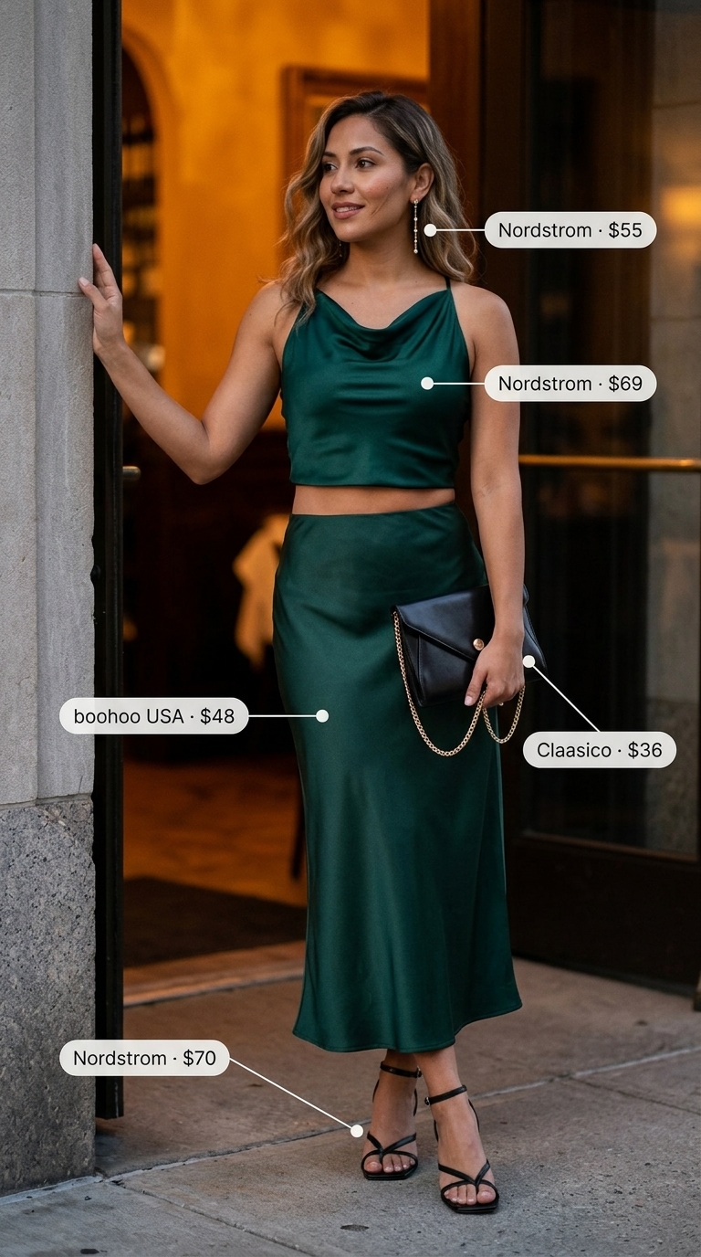 Emerald Satin Crop Top Matching Set Outfits for Women 2026 Emerald green satin cowl neck crop top matching set outfits for women 2026, for sophisticated evening events.
