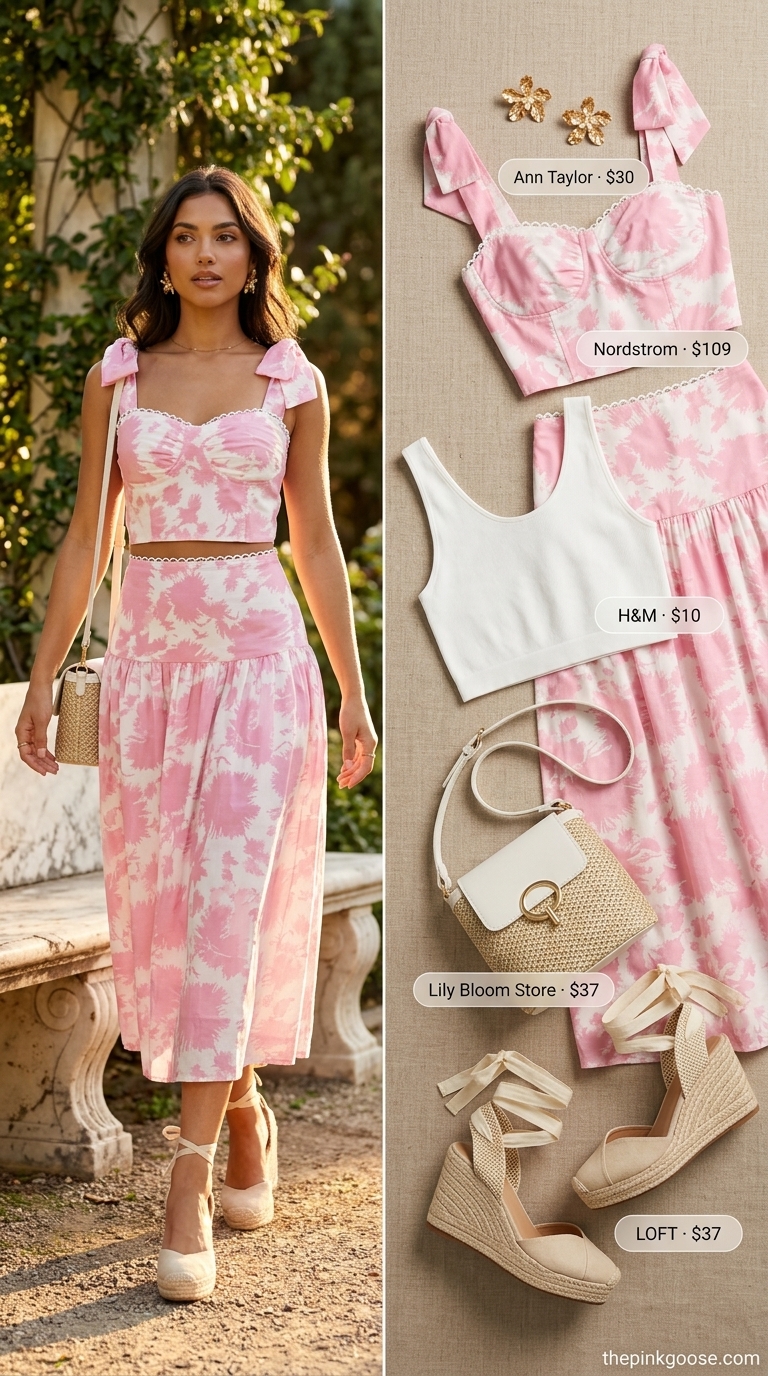 Feminine summer crop top matching set outfits for women 2026: Pastel floral skirt and off-shoulder top, espadrilles.