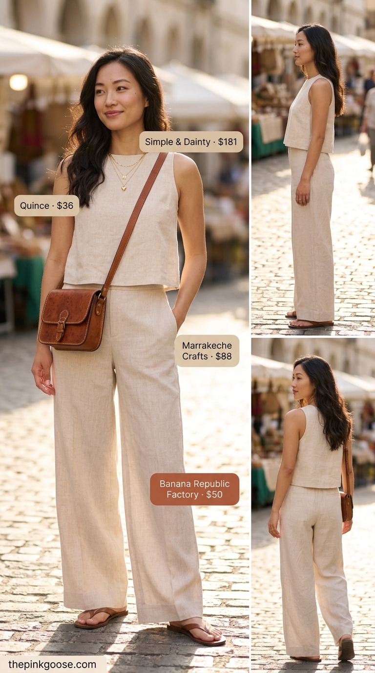 Effortless summer crop top matching set outfits for women 2026: Beige linen pants, cropped tank, leather sandals.