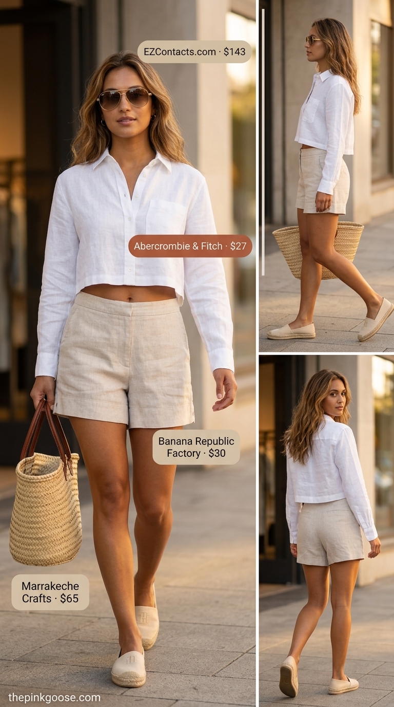 White linen oversized shirt and beige linen shorts matching set with a white crop top for resort wear 2026.