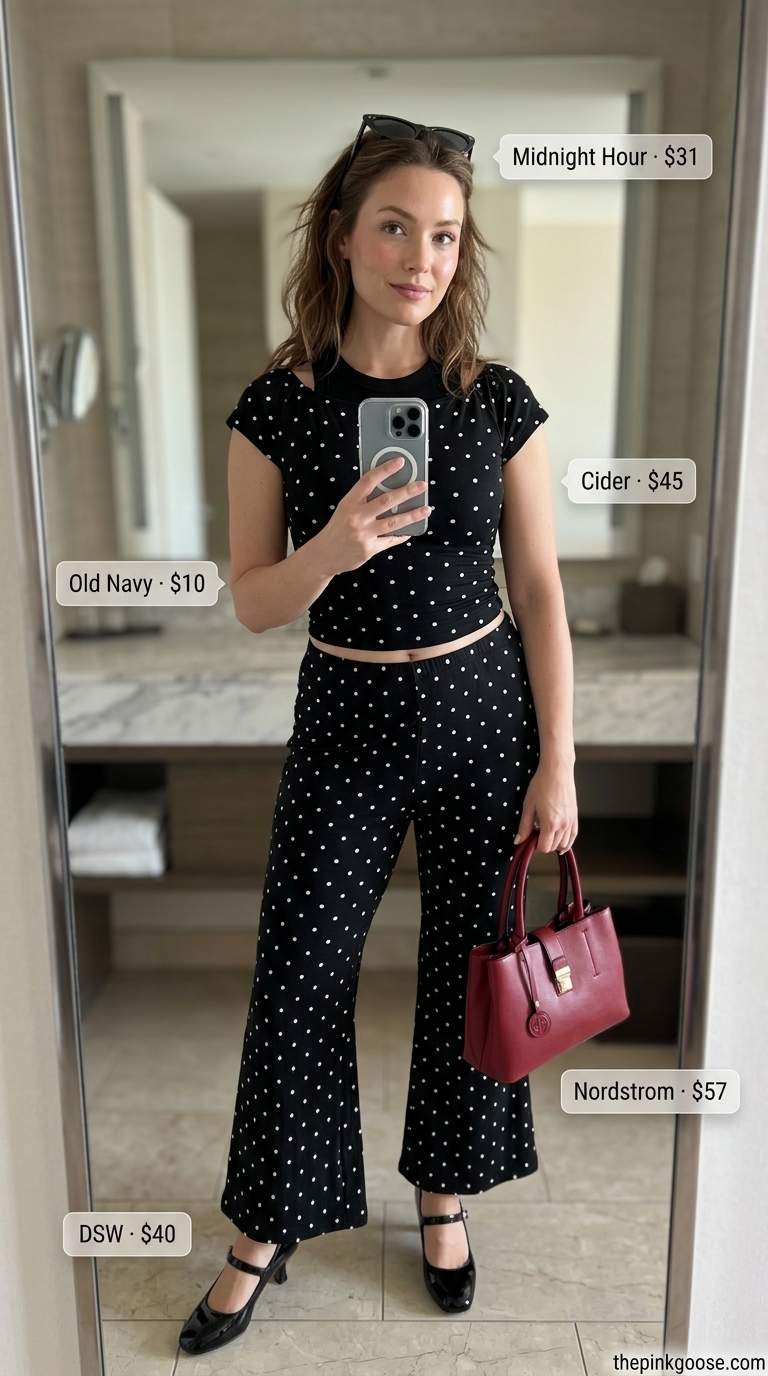 Retro summer crop top matching set outfits for women 2026: Black polka dot crop top, flared trousers, kitten heels.