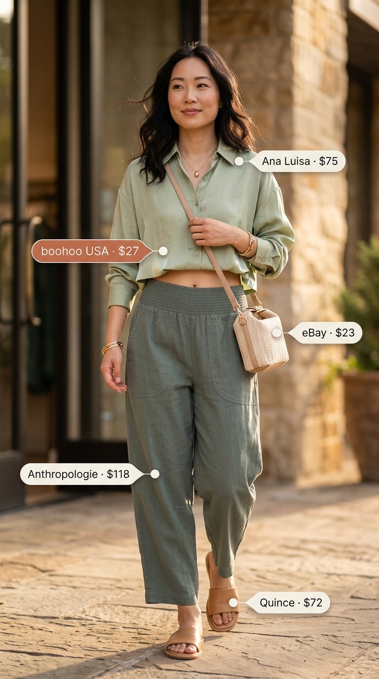 Sage Linen Crop Top Matching Set Outfits for Women 2026 Sage green linen crop top matching set outfits for women 2026, for relaxed resort wear and casual days.