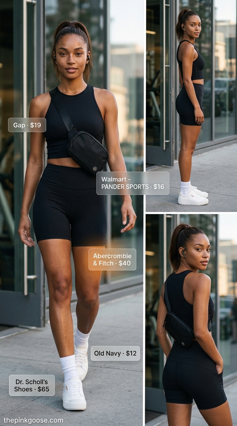 Black athletic crop top and biker shorts matching set for sporty errands and athleisure style 2026.