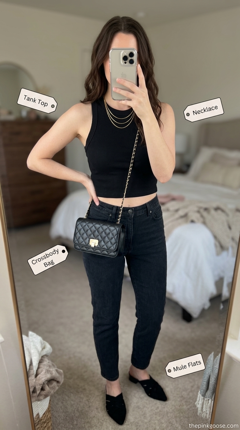 Playful summer crop top matching set outfits for women 2026: Citrus print pants and shirt set, black crop top.