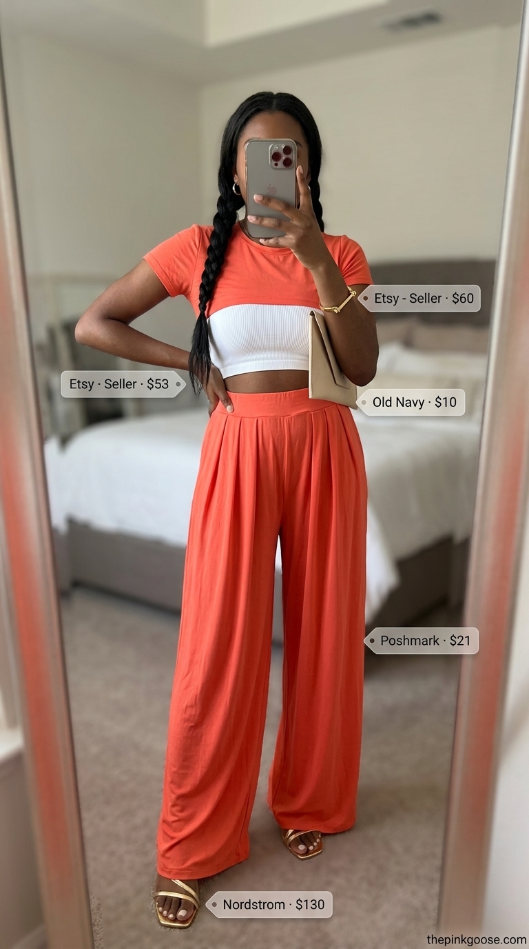 Elegant summer crop top matching set outfits for women 2026: Sunset orange palazzo pants, bandeau top, gold bracelet.