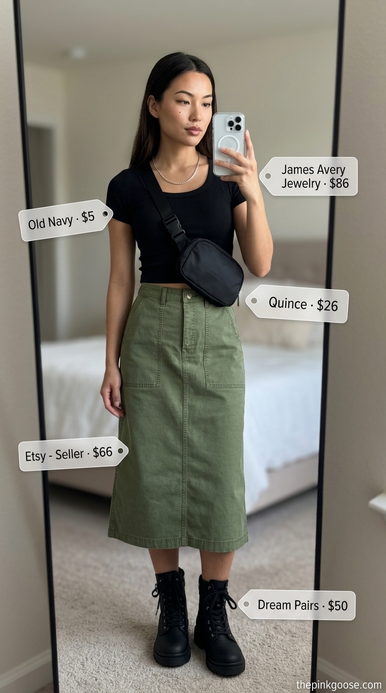 Olive green cargo midi skirt and matching crop top set for women, styled with combat boots for urban exploration 2026.