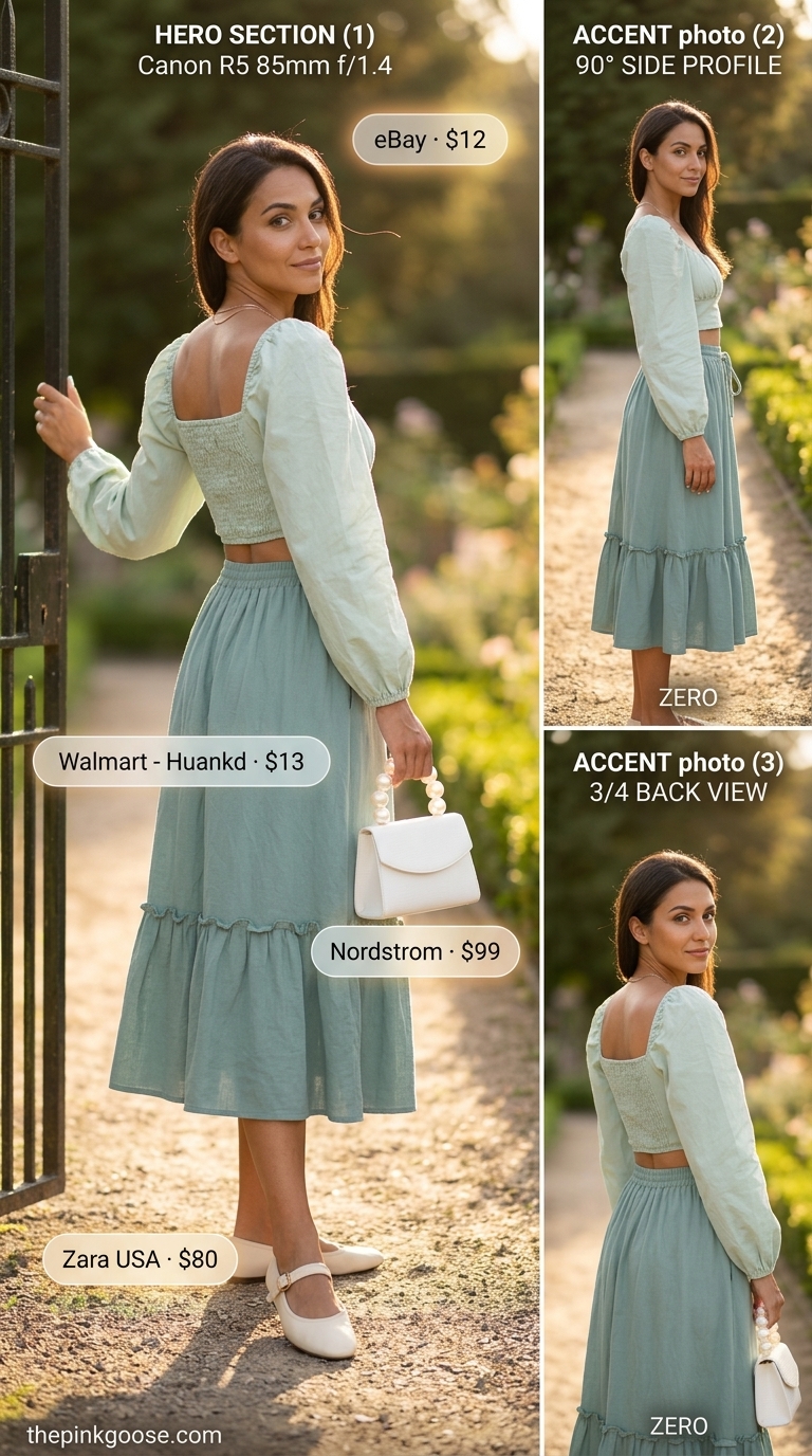 Pale mint green puff-sleeve blouse and midi skirt set for women 2026. Feminine for garden parties.