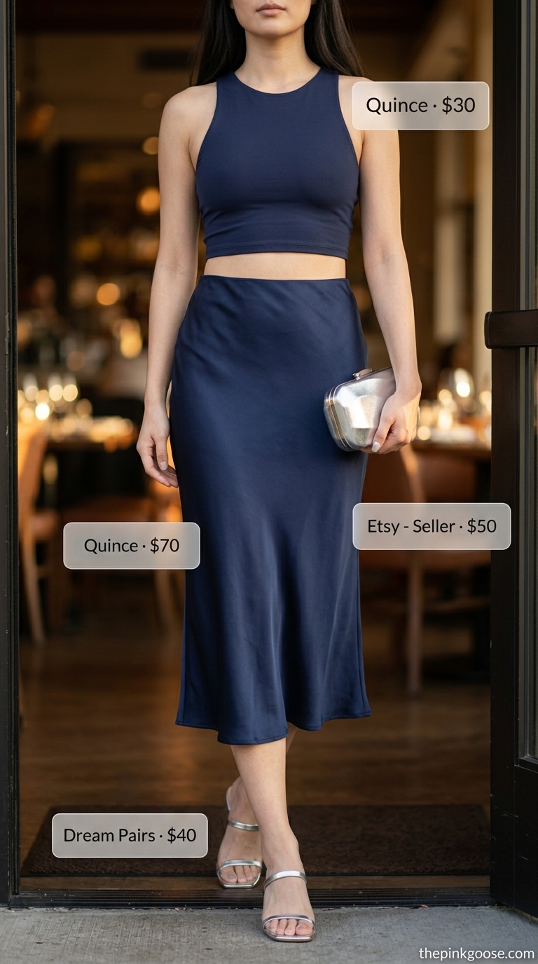 Navy blue ribbed mock-neck crop top and satin midi skirt for women 2026. Elegant for summer evenings.
