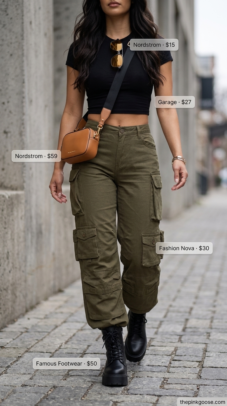 Urban Utility Explorer Matching Set 2026 Olive green cargo pants and utility vest matching set with black crop top for women 2026 city exploration outfits.