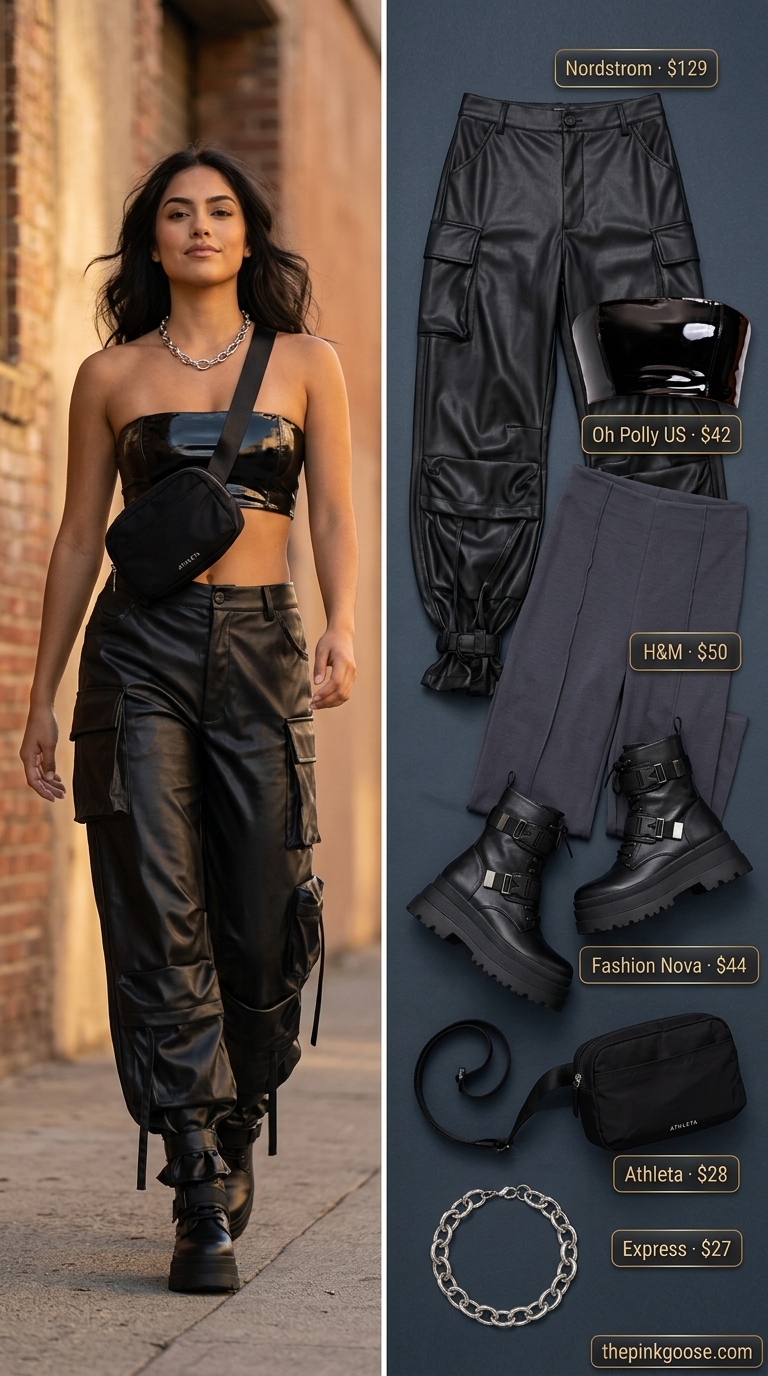 Black faux leather cargo pants and bandeau crop top with combat boots for a concert outfit 2026.