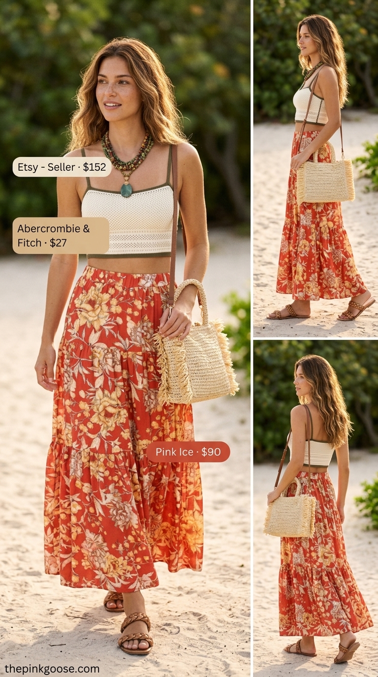 Boho Crop Top Matching Set Outfits 2026 Terracotta floral print maxi skirt and duster set with crochet bralette crop top for a boho beach outfit 2026.