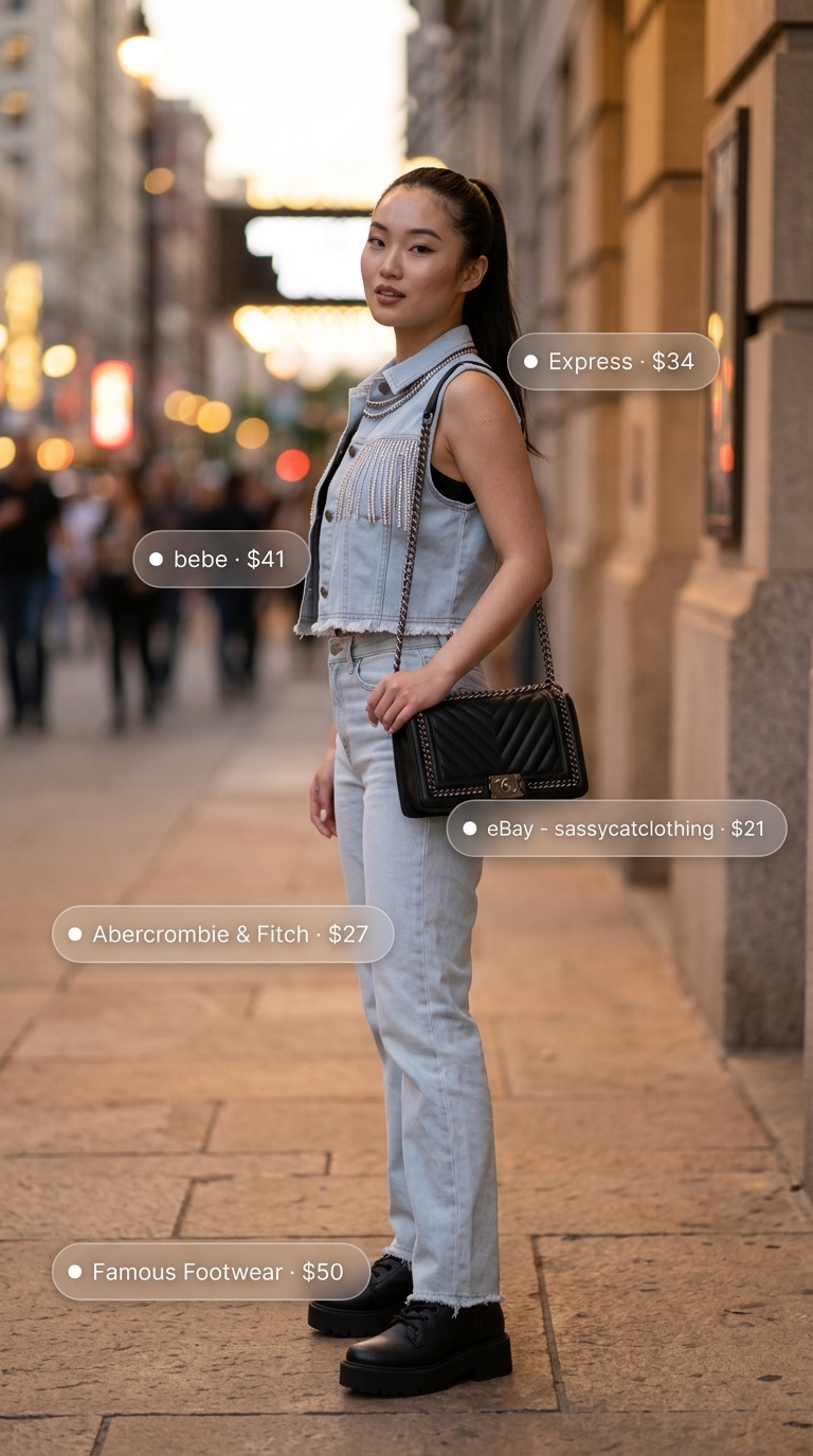 Denim Crop Top Outfits for Women 2026 Light wash denim trucker vest and straight-leg jeans with black combat boots for a casual day out outfit 2026.