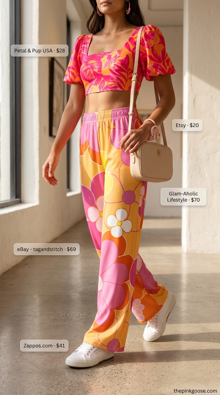 Floral Crop Top Matching Set Outfits 2026 Abstract floral print crop top and wide-leg pants matching set with white sneakers for an art gallery visit 2026.