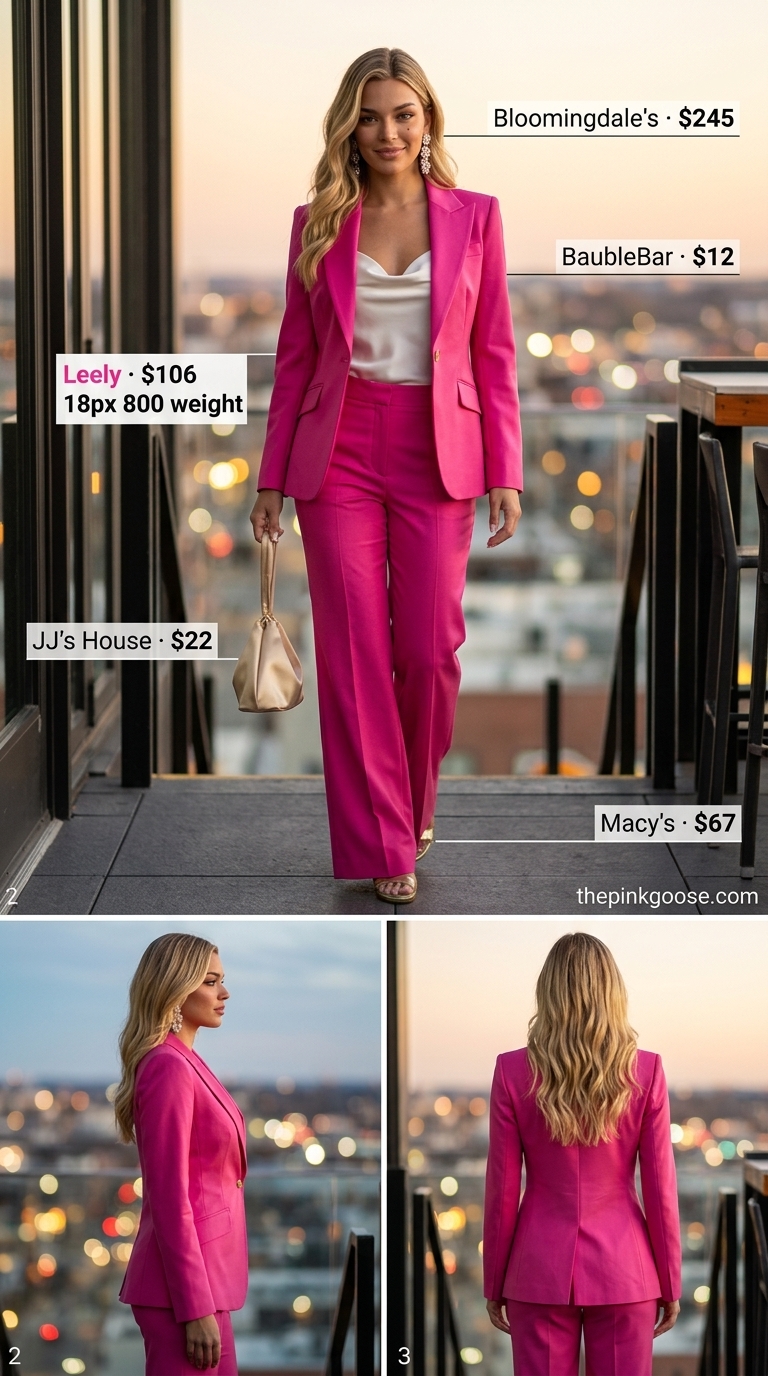 Fuchsia Crop Top Matching Set Outfits 2026 Fuchsia pink tailored wide-leg pants and blazer matching set with ivory silk crop top for a rooftop dinner outfit 2026.