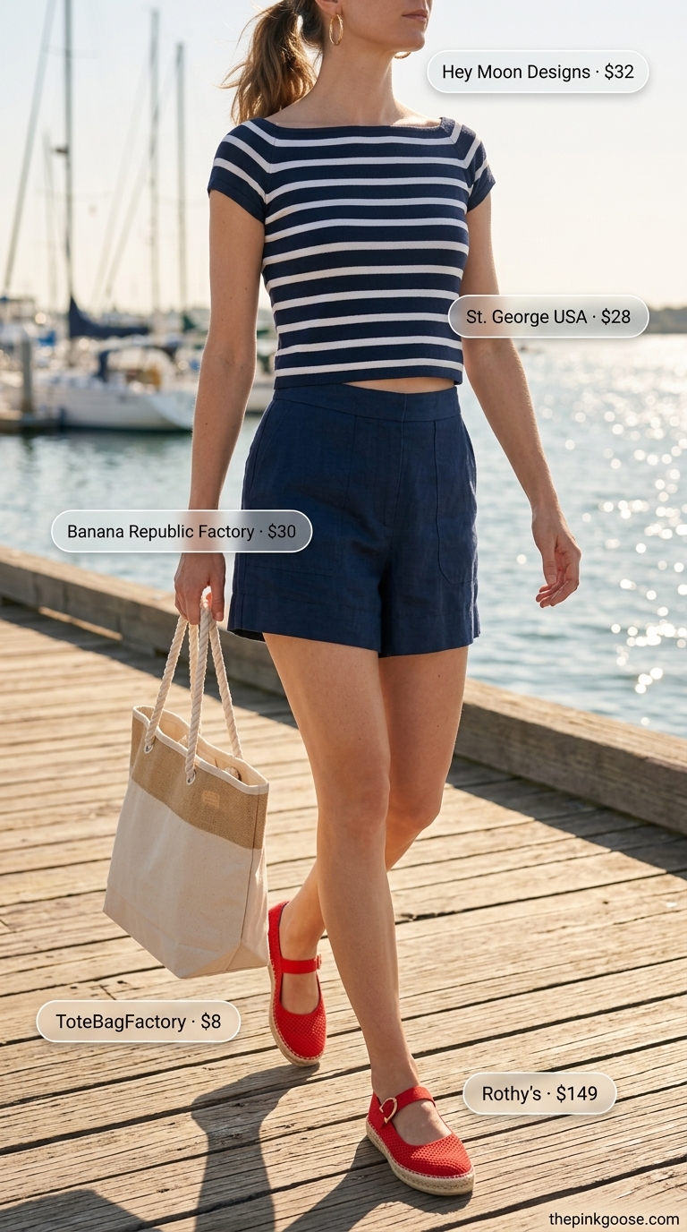 Nautical Crop Top Matching Set Outfits 2026 Navy blue linen shorts and button-down shirt set with striped crop top for a nautical weekend outfit 2026.