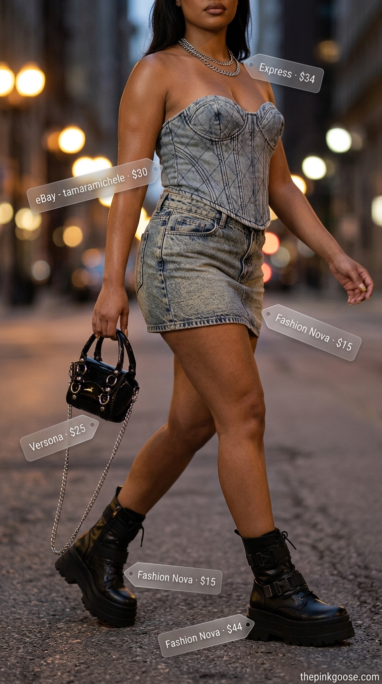 Denim Crop Top Matching Set Outfits 2026 Acid wash denim bustier crop top and mini skirt with combat boots for a Y2K festival outfit 2026.