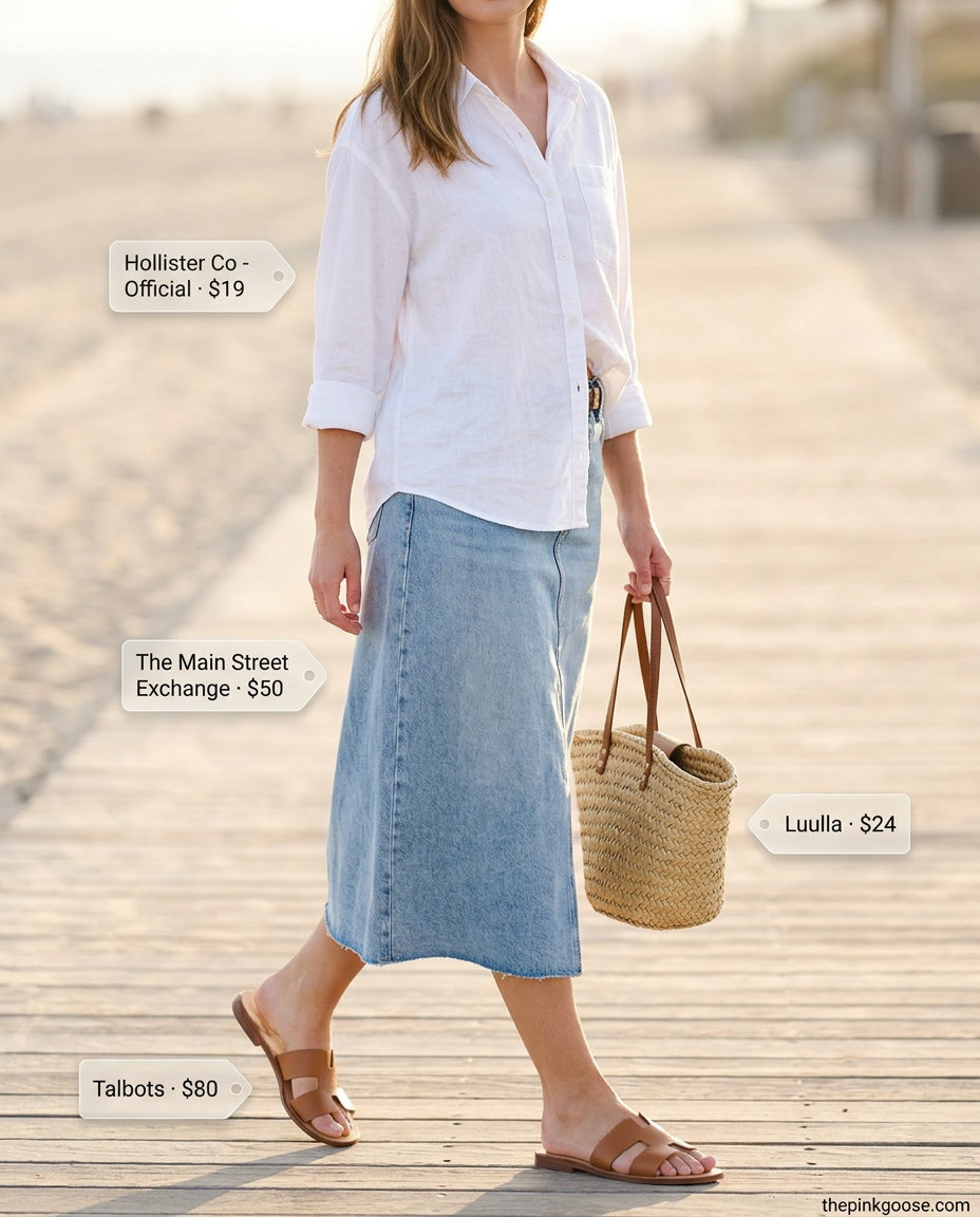 Relaxed light wash denim skirt outfit for coastal vibes 2026, with an oversized linen shirt.