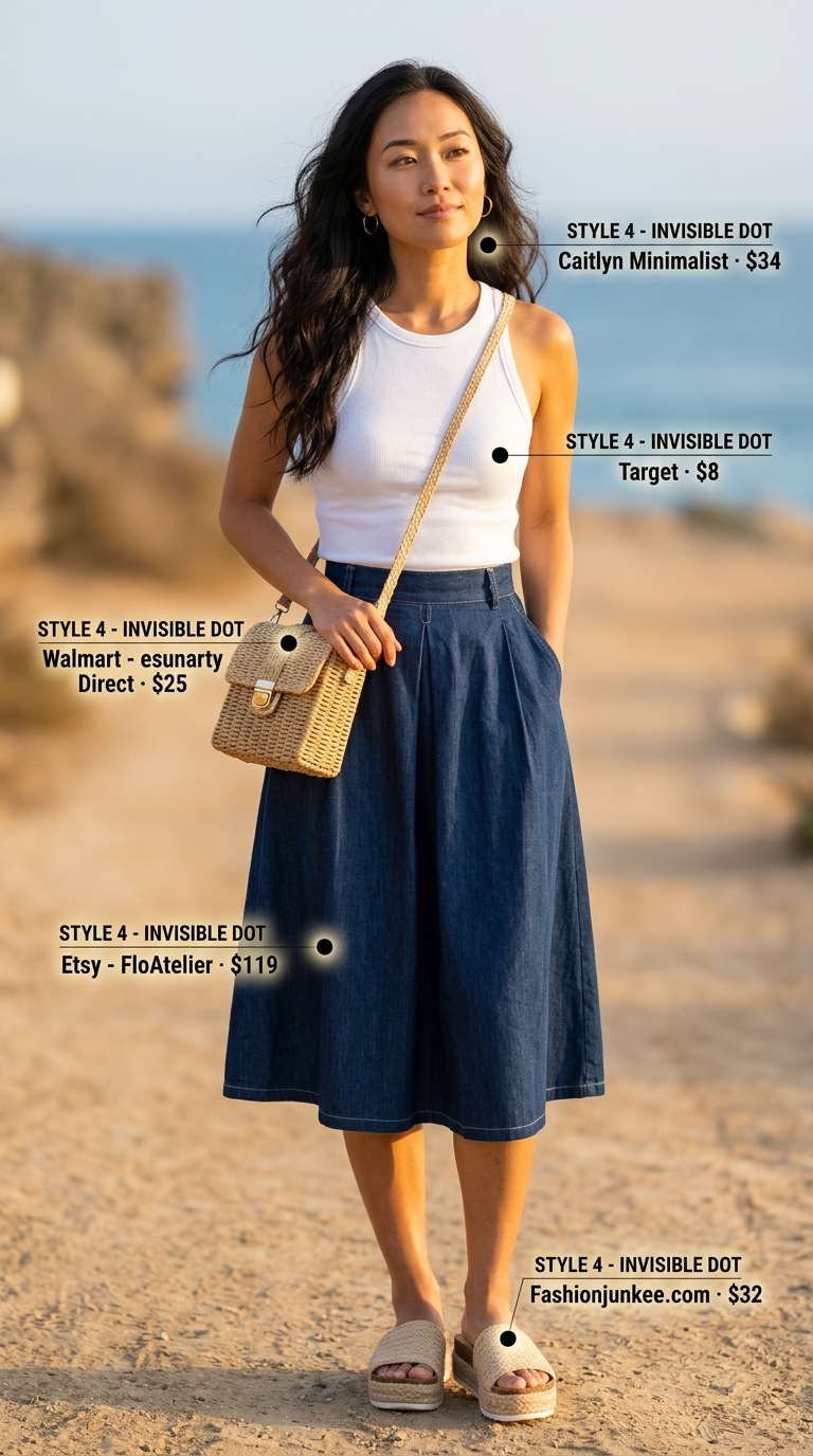 Relaxed medium wash denim skirt outfit for coastal vibes 2026, with espadrilles and a straw bag.