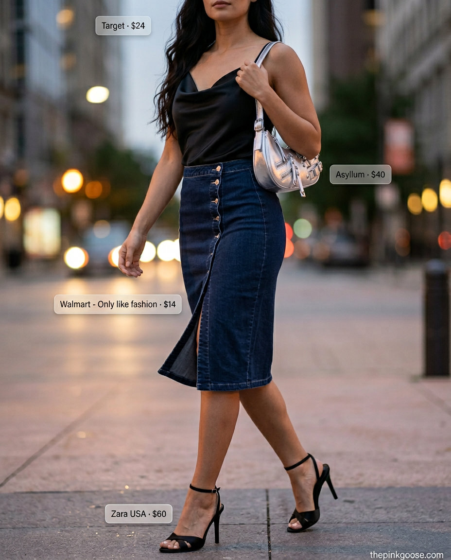 Elegant black denim skirt outfit for summer evening 2026, with satin camisole and heels.