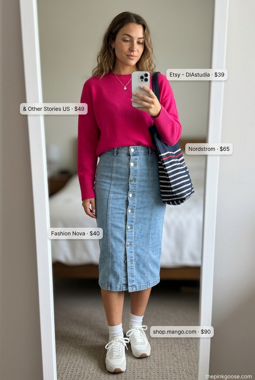 Sweet pastel pink knit sweater with denim skirt for farmer's market 2026.