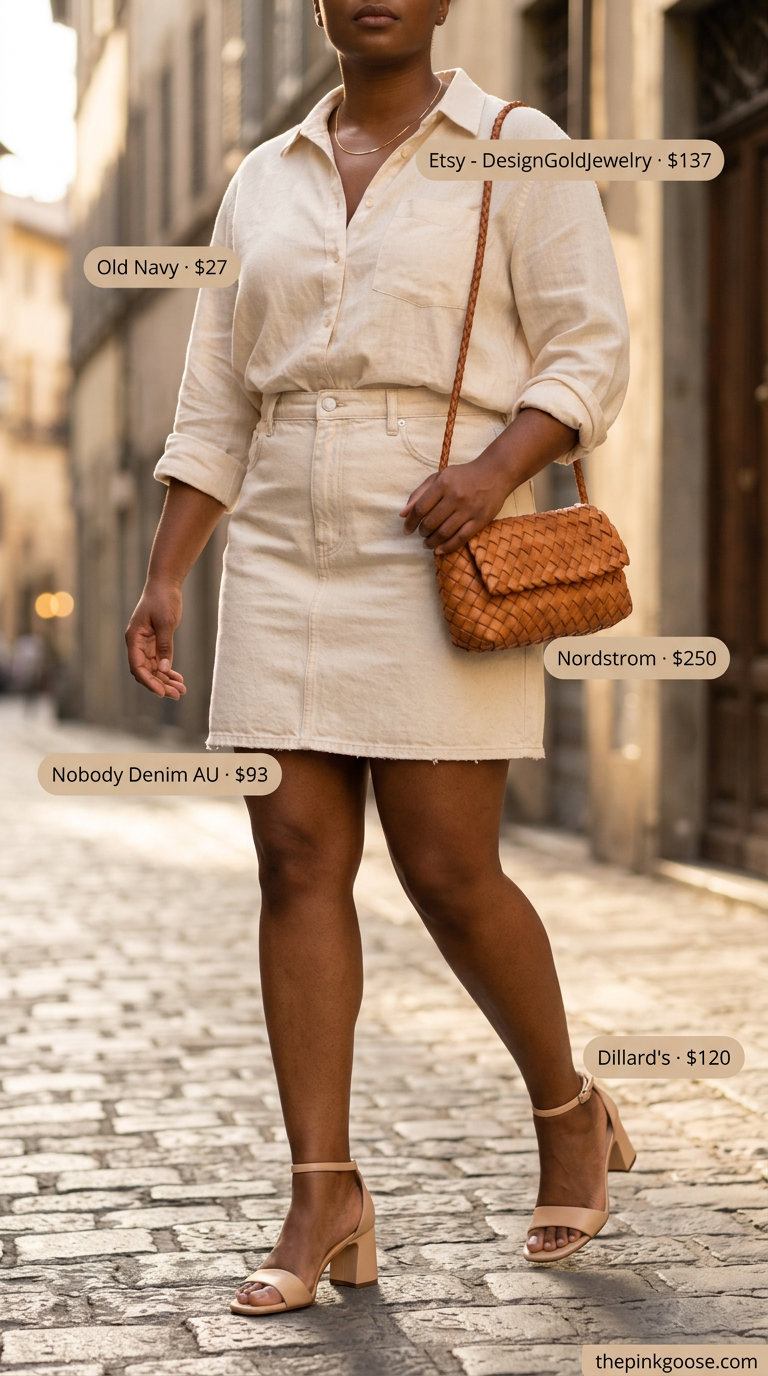 Sophisticated cream denim skirt outfit for summer 2026, perfect for art galleries or chic lunches.