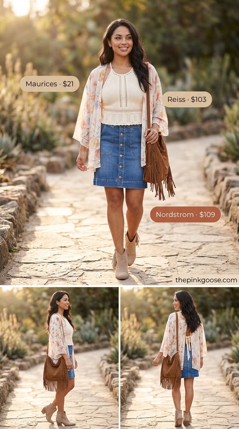 Boho summer denim skirt outfit 2026 with crochet top, kimono, and suede boots for a festival.