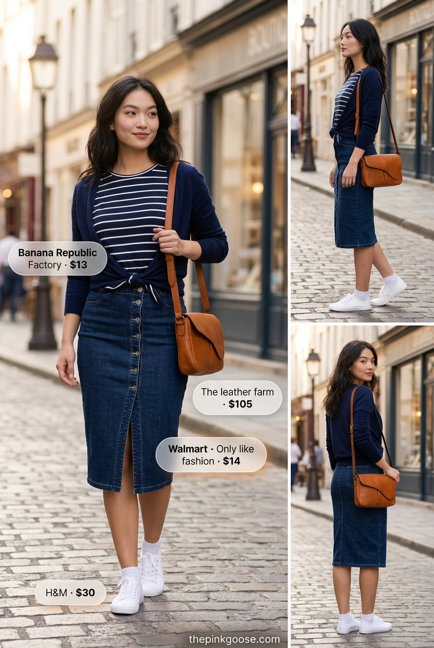 Casual chic summer denim skirt 2026 outfit with striped tee, bandana, and crossbody bag.