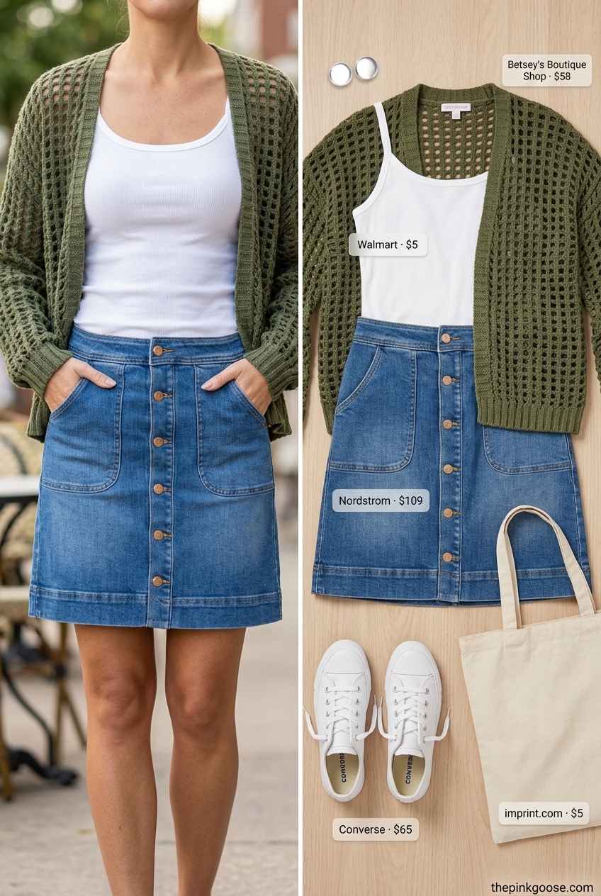 Casual summer denim skirt 2026 outfit with white tank, olive cardigan, and sneakers.