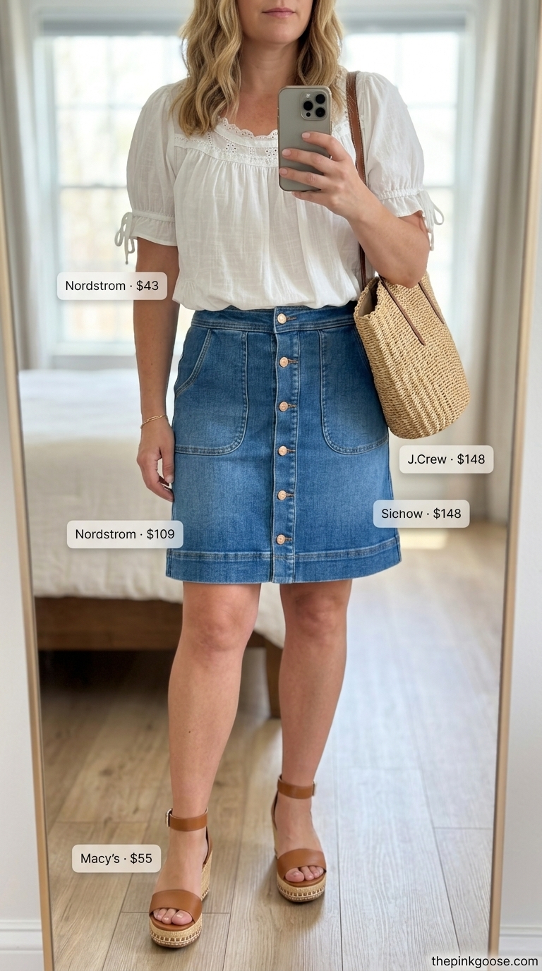 Coastal Breeze denim skirt outfit 2026: White puff sleeve blouse, denim skirt, straw tote, espadrilles.