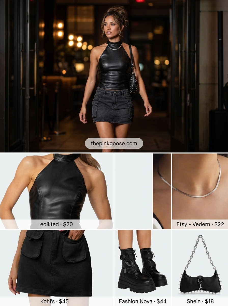 Edgy night out summer denim skirt 2026 outfit with faux leather top, combat boots, and choker.
